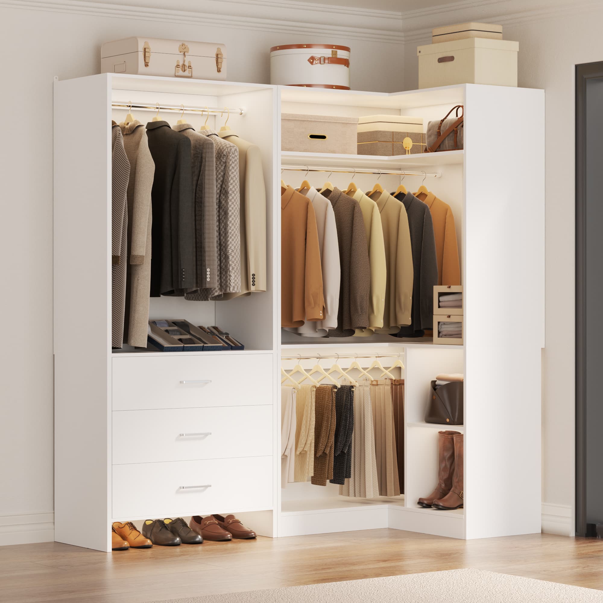 Aheaplus - Corner Wardrobe Closet System - With 3 Drawers, 2 Hanging Rods and Open Storage Shelves - White