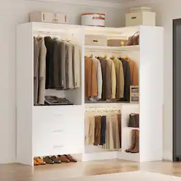 Aheaplus - Corner Wardrobe Closet System - With 3 Drawers, 2 Hanging Rods and Open Storage Shelves - White