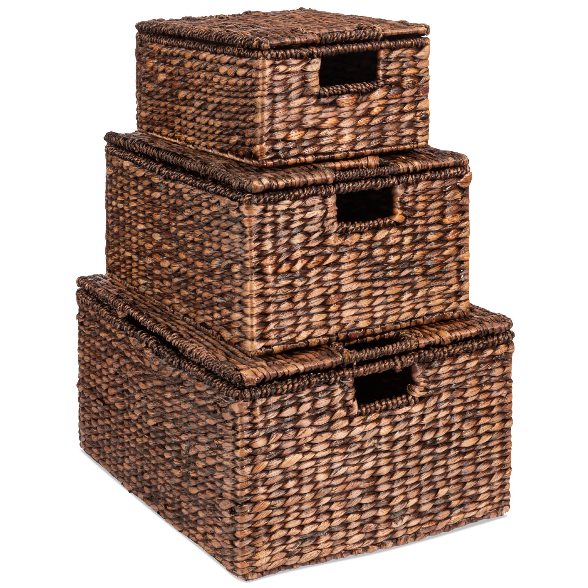 Front. Best Choice Products - Best Choice Products Set of 3 Large Multipurpose Hyacinth Storage Baskets w/ Insert Handles, Lid - 21", 20", 18" - Brown.