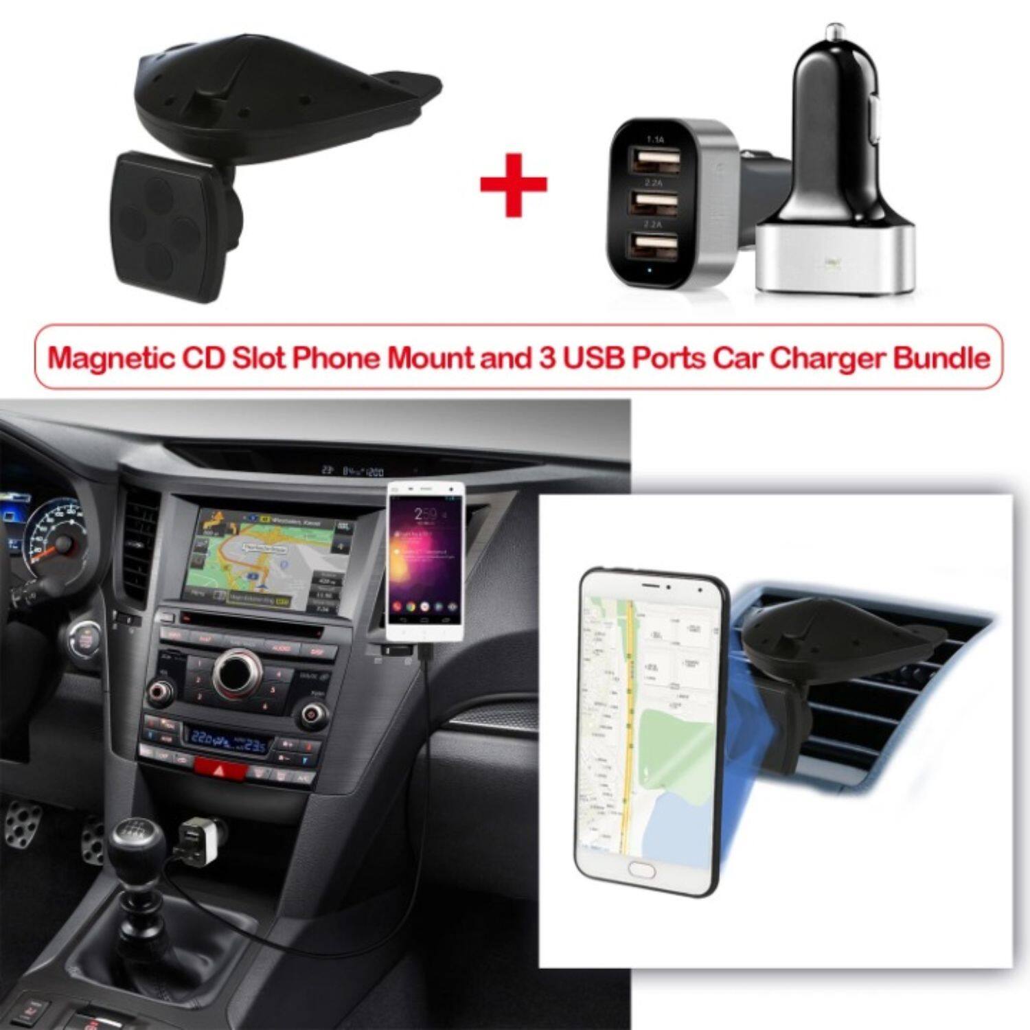 Magnetic CD Slot Phone Mount and 3 USB Ports Car Charger Bundle