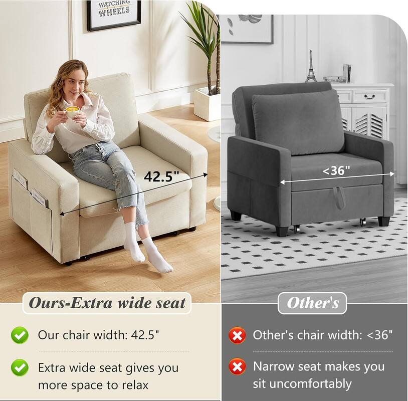 **Ours - Extra wide seat**

- Our chair width: 42.5"
- Extra wide seat gives you more space to relax

**Other's**

- Other's chair width: <36"
- Narrow seat makes you sit uncomfortably