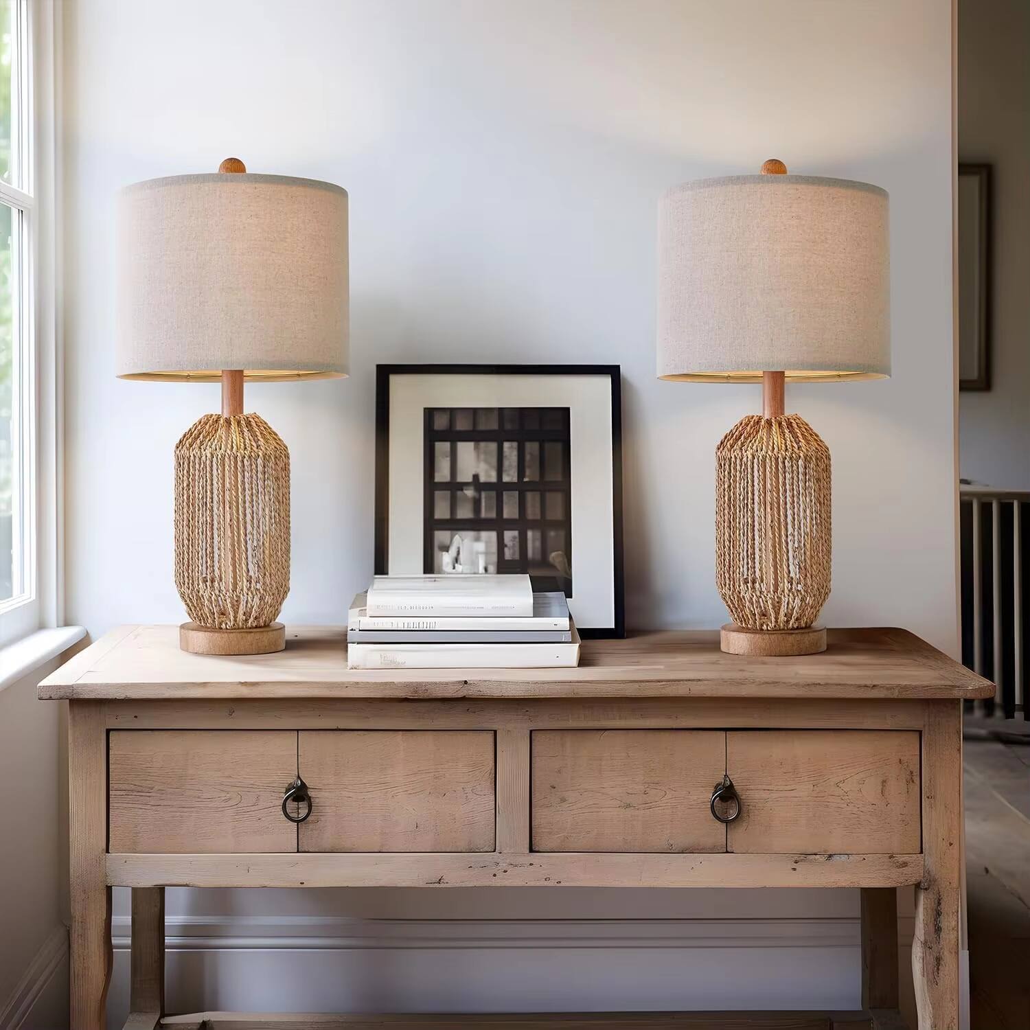 Angle. Luckbyte - Set of 2 Brown Rattan Table Lamps Boho Farmhouse Retro Nightstand Lamps for Living Room Bedroom - Brown.