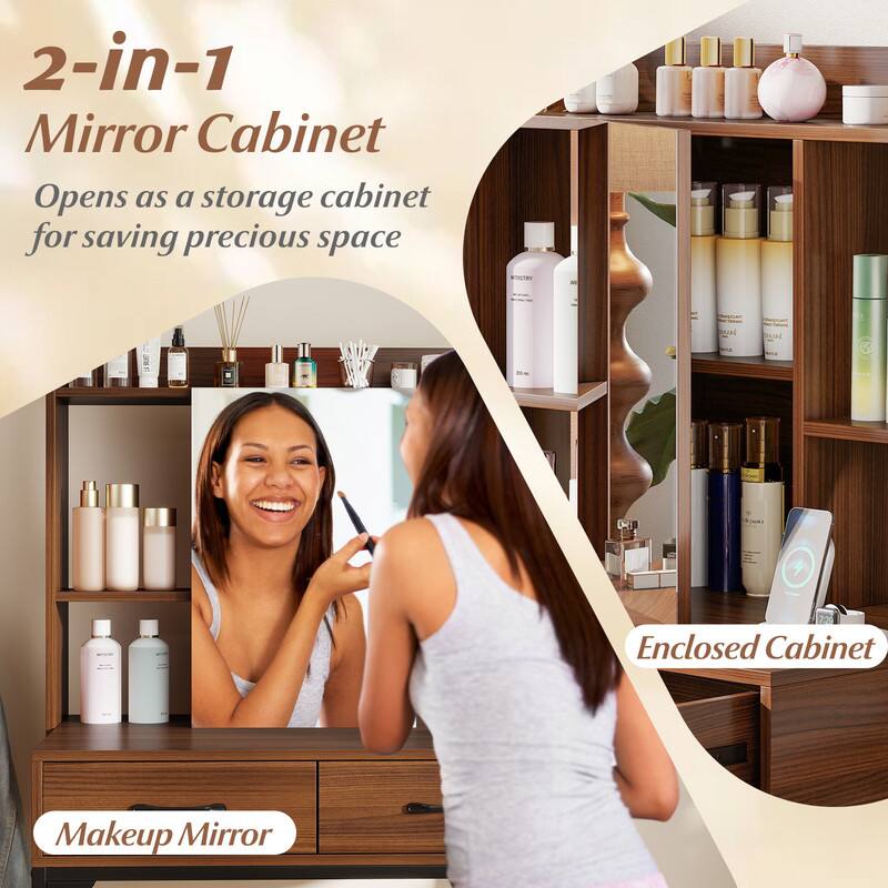 2-in-1 Mirror Cabinet  
Opens as a storage cabinet for saving precious space  

Enclosed Cabinet  
Makeup Mirror