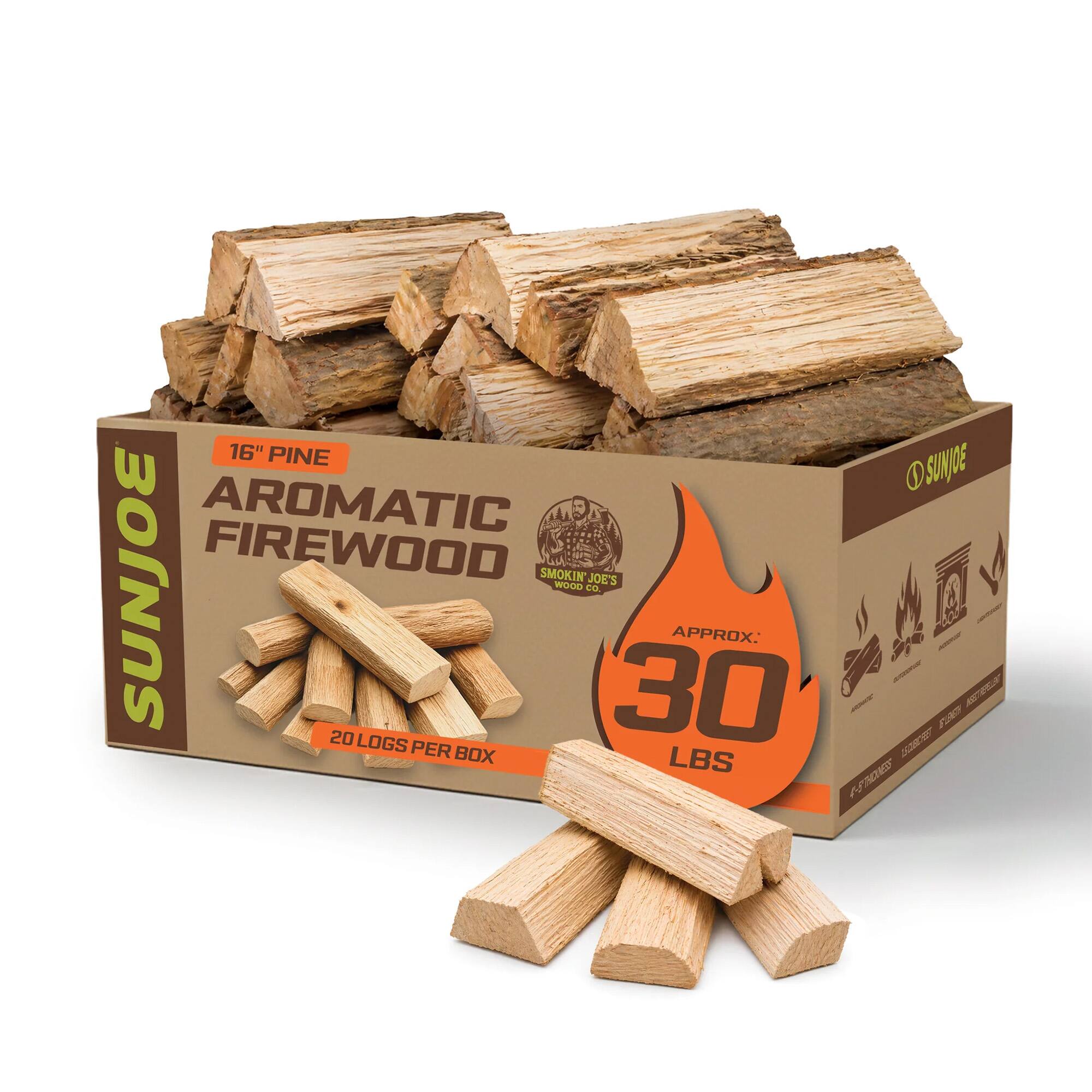 16" Pine Aromatic Firewood  
Smokin' Joe's Wood Co.  
Approx. 30 lbs  
20 Logs per Box