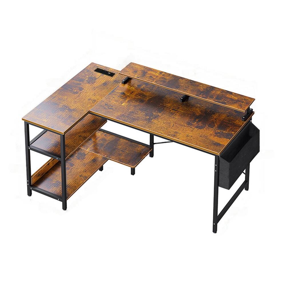 Alt View 5. Loheer - Loheer 47 Inch Gaming Desk with Power Outlets, Reversible L Shaped Computer Desk with Monitor Stand & Storage Shelves - Vintage.