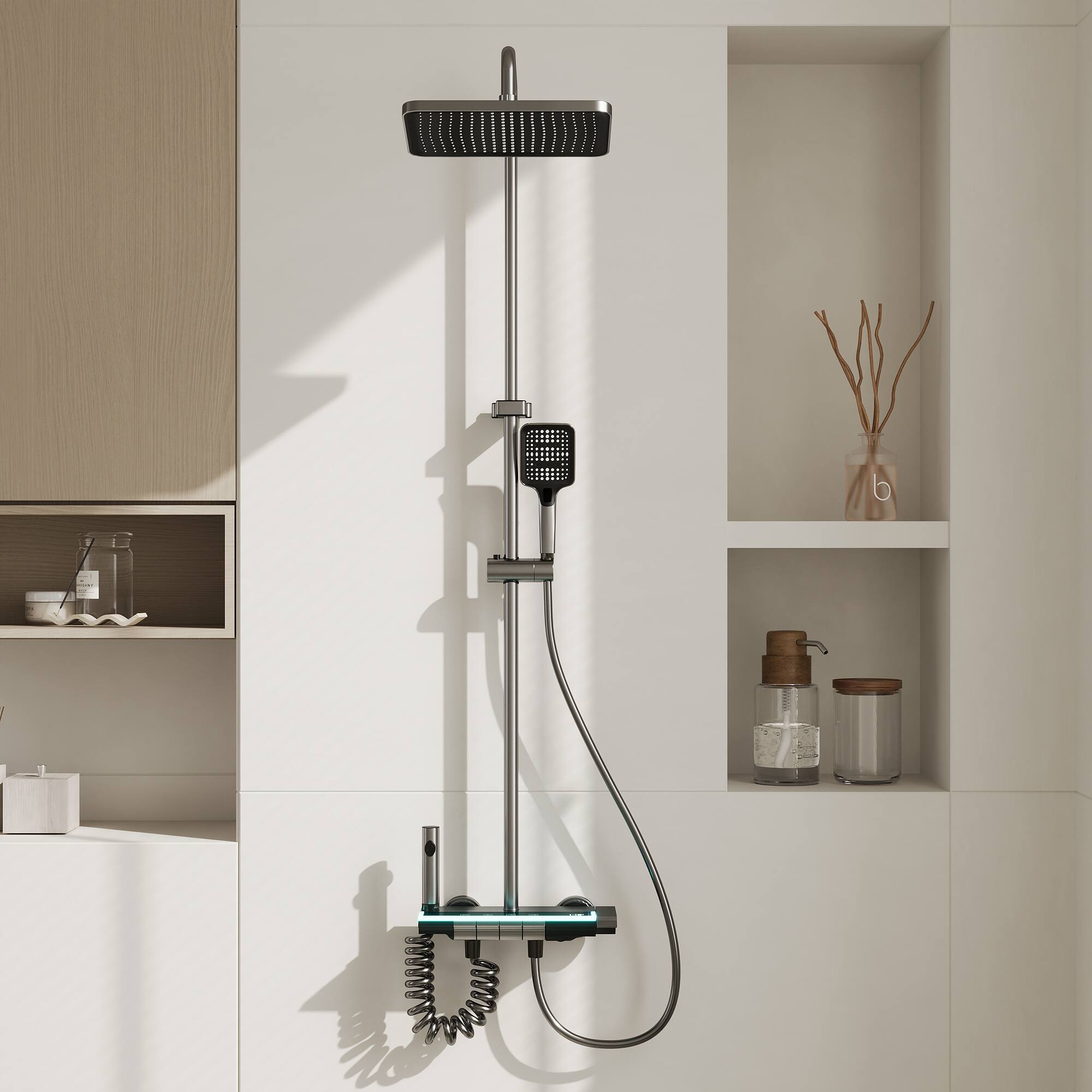 Angle. Famapy - Thermostatic Shower System with LED Temperature Display, 4-Mode Piano Button Rainfall Shower Combo - Gunmetal Gray.