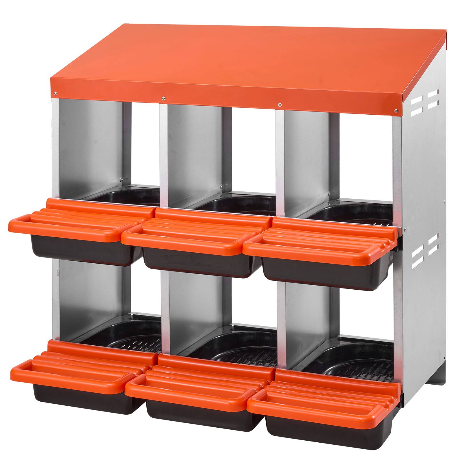 Alt View 5. VEVOR - 2 Tiers Chicken Nesting Boxes,6 Compartments,Metal Egg Laying Boxes with Protective Collection Lids,Roll Out Nesting Box - Orange + Galvanized Steel Natural Color + Black.