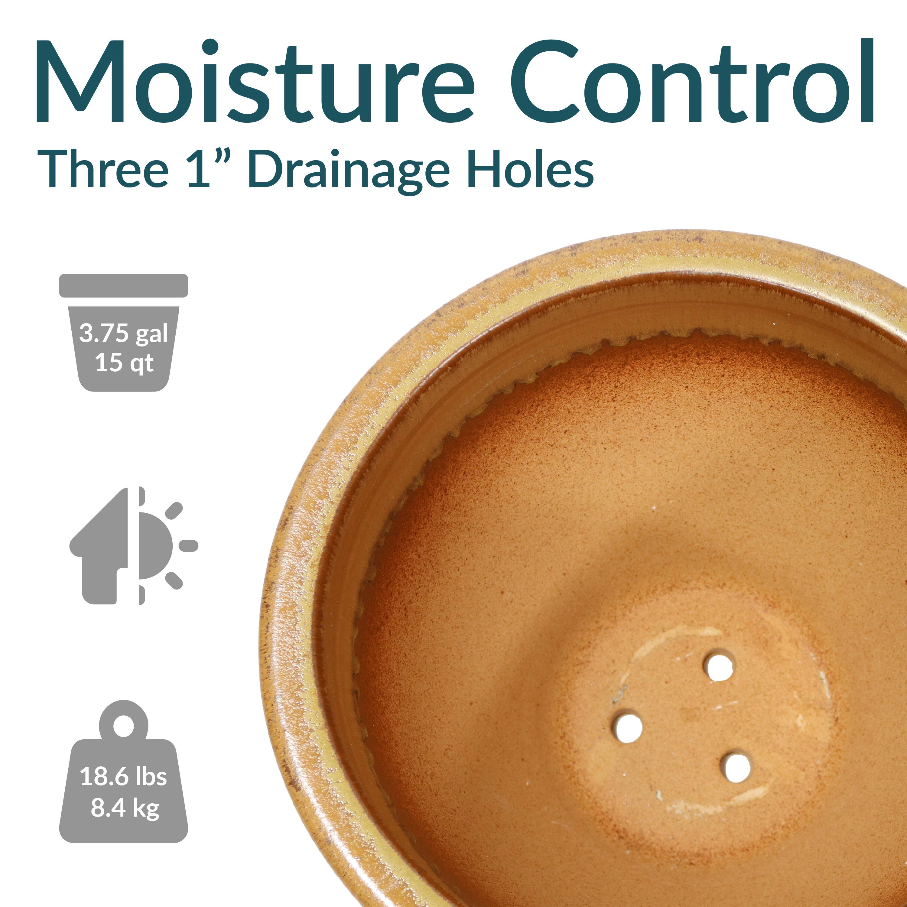 Moisture Control  
Three 1" Drainage Holes  

3.75 gal  
15 qt  

18.6 lbs  
8.4 kg
