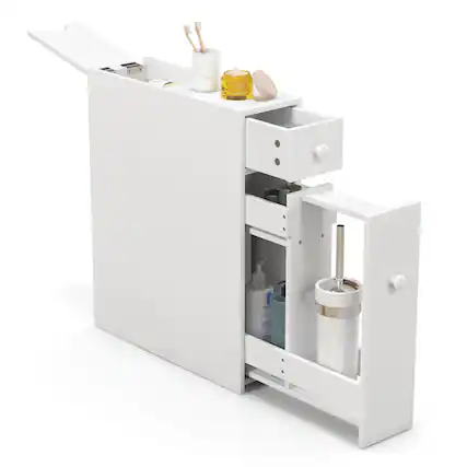 Front. Costway - Costway Bathroom Floor Cabinet Toilet Narrow Storage Organizer with Flip Top White - White.