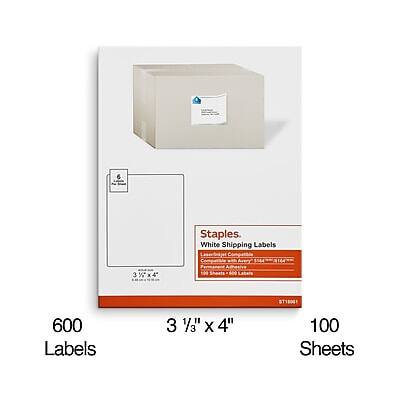 Staples  
White Shipping Labels  
600 Labels  
3 1/3" x 4"  
100 Sheets