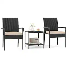 Costway - 3 PCS Patio Furniture Set with 2-Tier Table Tempered Glass Tabletop & Soft Cushions - Brown