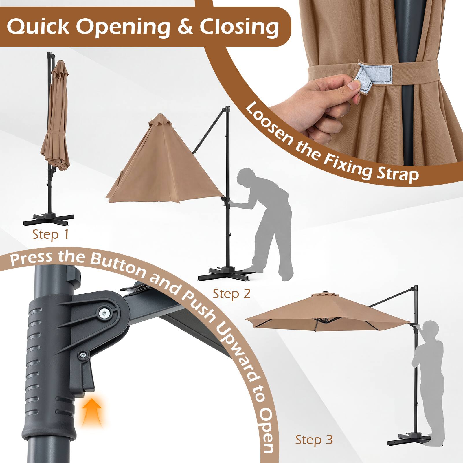 Quick Opening & Closing

1. Loosen the Fixing Strap
2. Press the Button and Push Upward to Open
3.