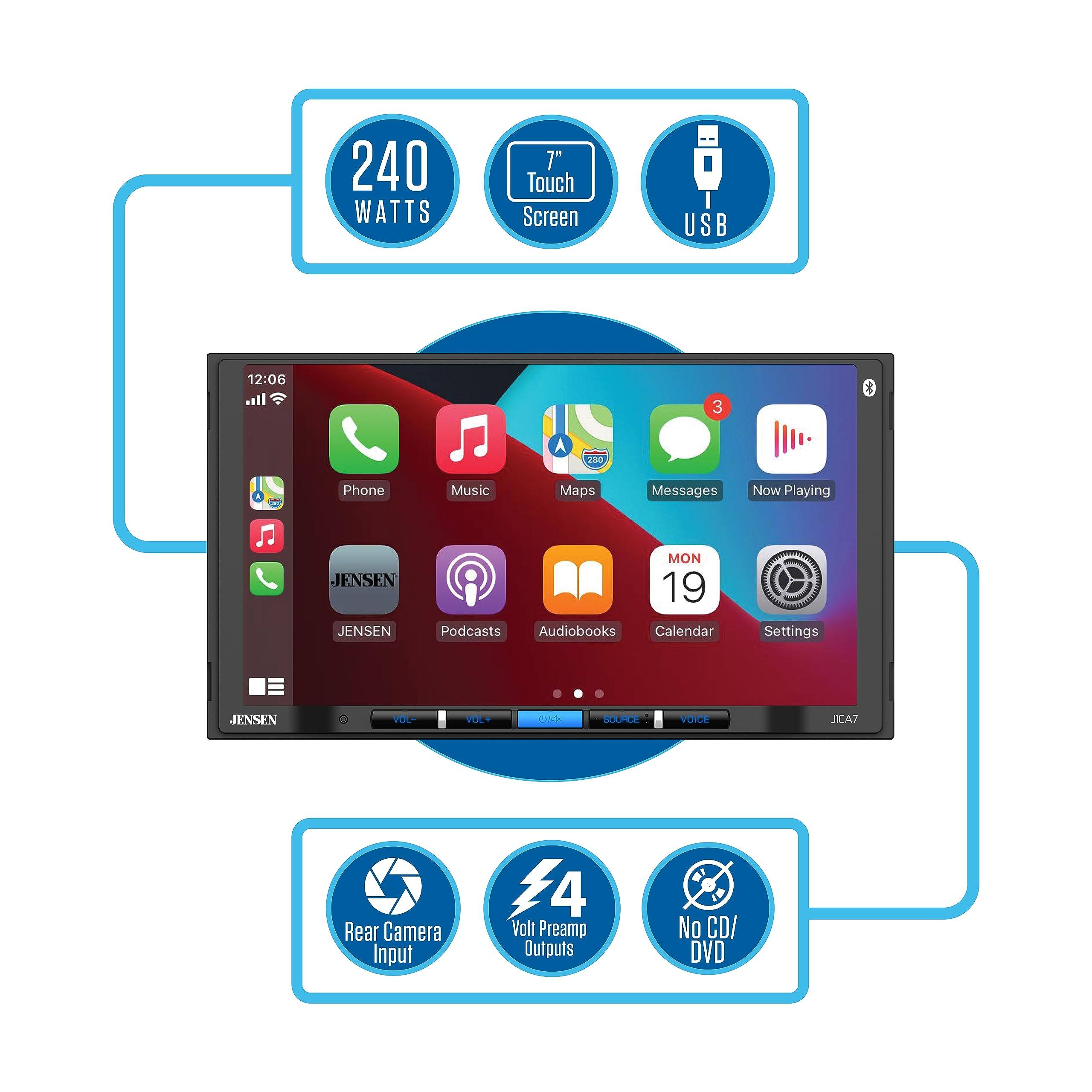 240 WATTS, 7" Touch Screen, USB, 12:06, Phone, Music, Maps, Messages, Now Playing, JENSEN, JENSEN, MON 19, Podcasts, Audiobooks, Calendar, Settings, (AC), Rear Camera Input, 4, Volt Preamp Outputs, No CD/DVD