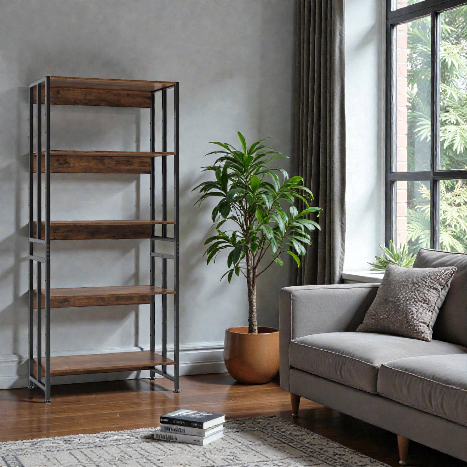 Front. Hivvago - Versatile 5-Tier Display Bookcase with Customizable Shelf Angles - Rustic Brown.