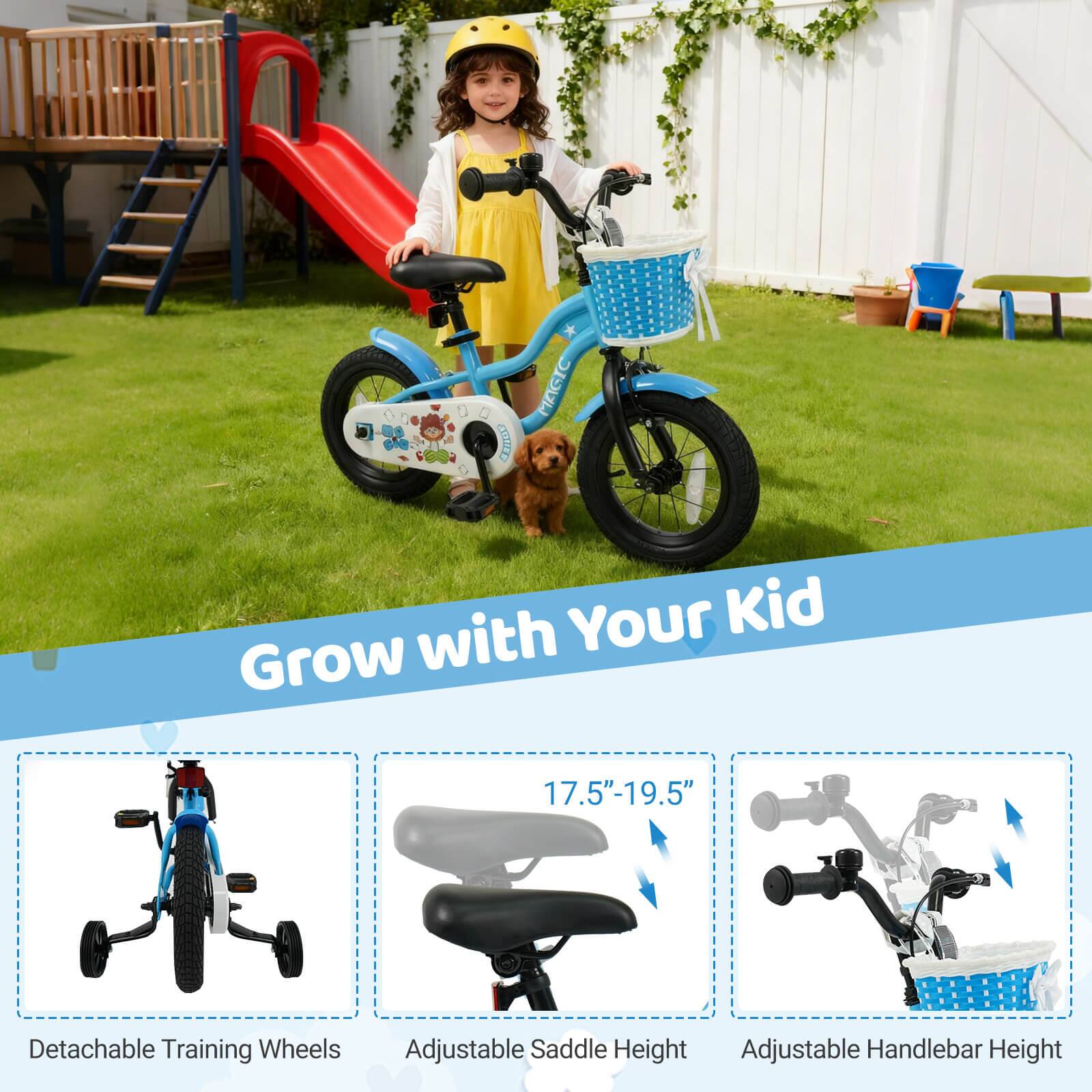 Sure, here is the corrected and grouped text:

---

**Grow with Your Kid**

- **17.5"-19.5"** Adjustable Saddle Height
- Detachable Training Wheels
- Adjustable Handlebar Height

---
