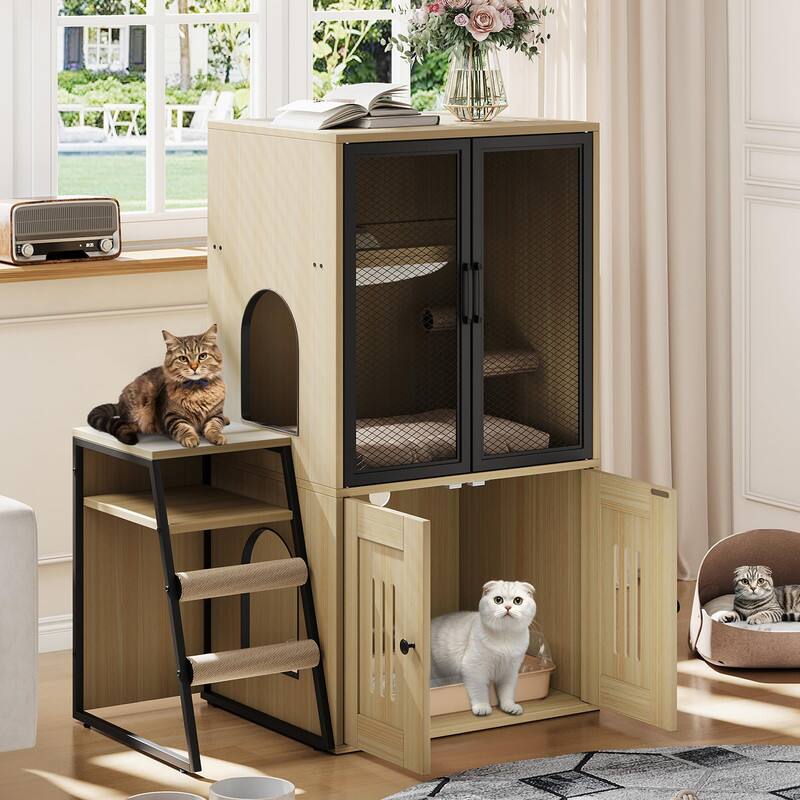 Front. GARVEE - Cat Litter Box Enclosure with Ladder and Doors for 2 Cats,Double Cat House with Storage Space - Oka.