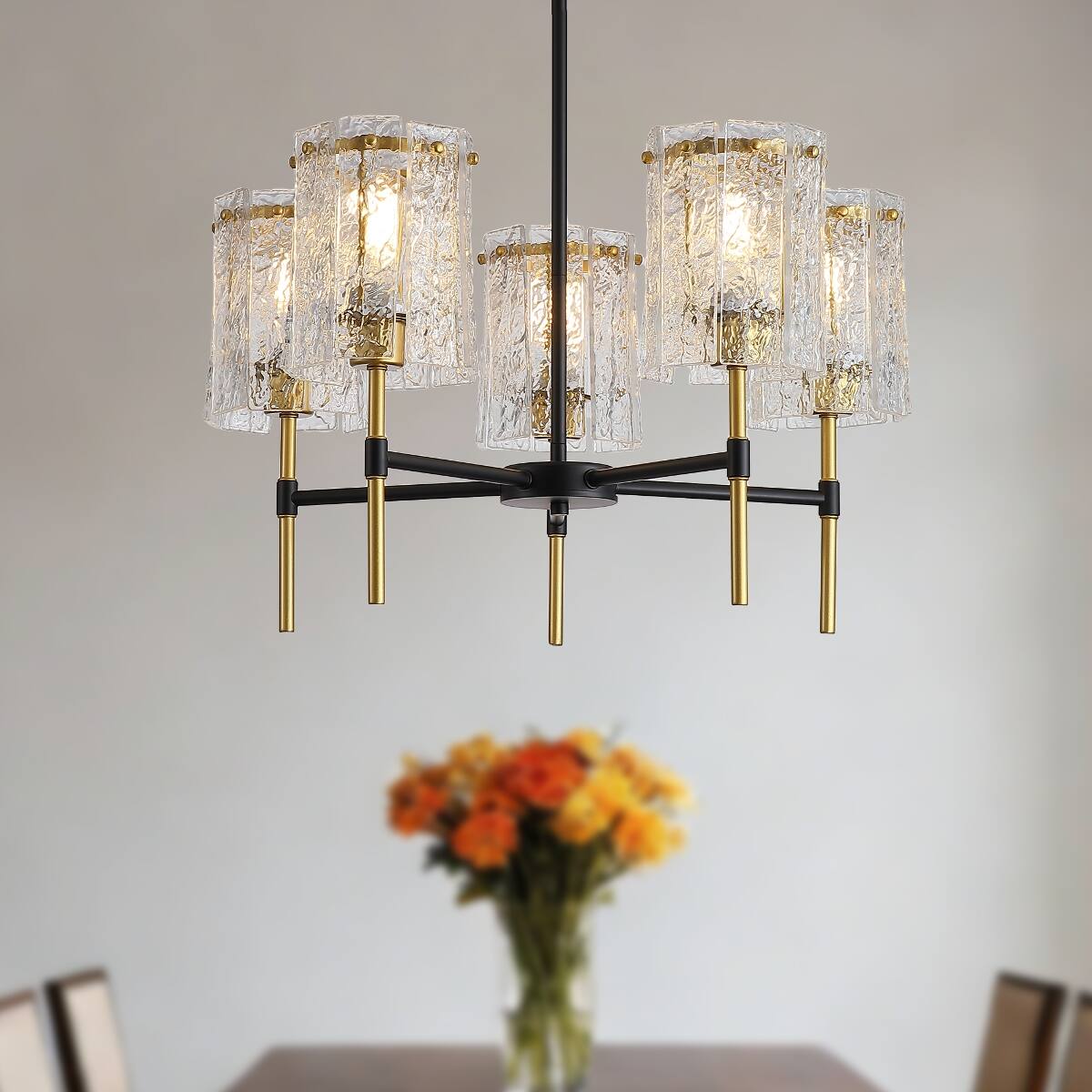 Alt View 1. Loheer - Loheer Five Light Black and Gold Chandelier With Textured Glass for Dining Room.