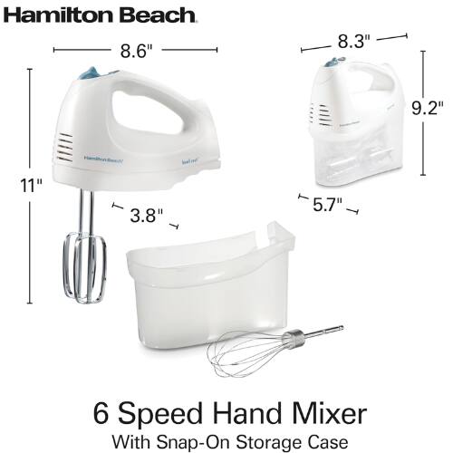 Hamilton Beach 8.6" 8.3" 9.2" 11" 3.8" 5.7" 6 Speed Hand Mixer With Snap-On Storage Case