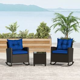 Gymax - Set of 3 Wicker Rocking Set Patio w/ Tempered Glass Table & Soft Cushions - Navy