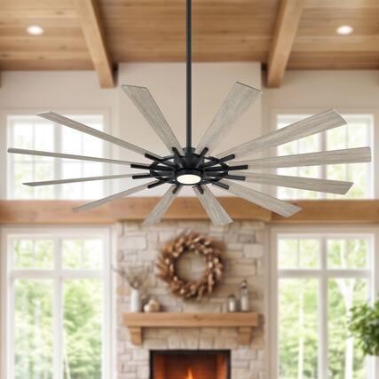 Front. Parrot Uncle - 72" Large Farmhouse 12-Blade Windmill Ceiling Fan with Dimmable LED Light and 6-Speed DC Motor Remote - Black.