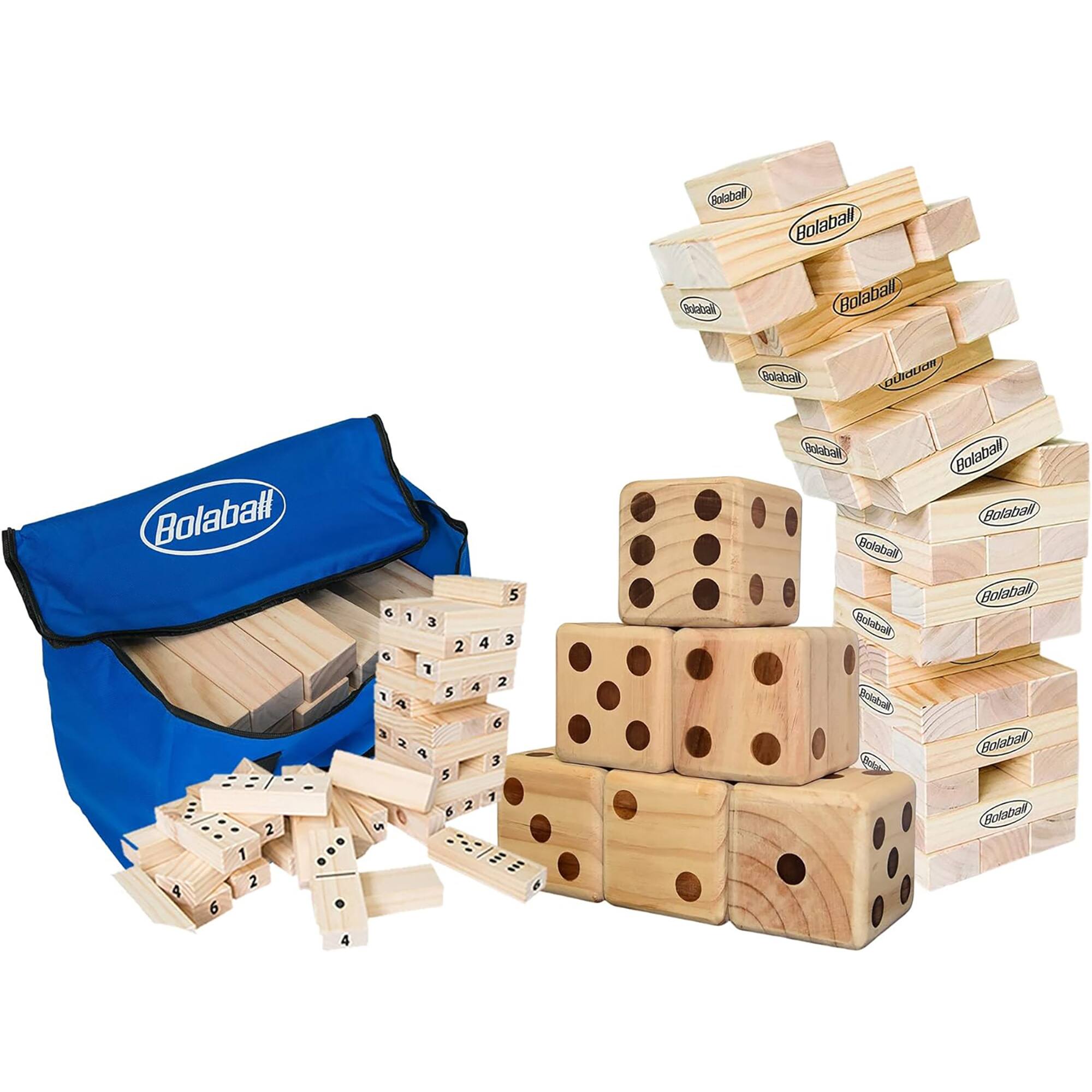 The image features a blue bag filled with wooden pieces, which are likely part of a game or puzzle. The wooden pieces are scattered around the bag, with some of them placed on top of the bag. There are also several stacks of wooden blocks, which could be part of the game or puzzle as well. The overall scene suggests a fun and engaging activity for people to enjoy.