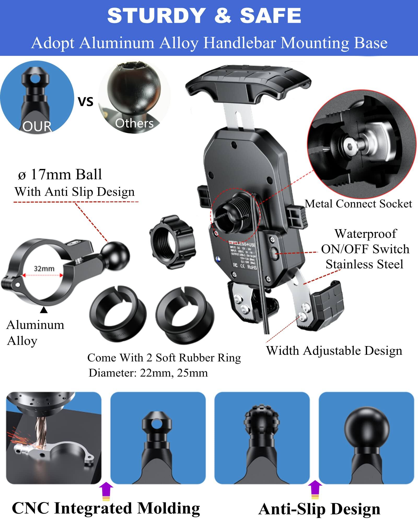 STURDY & SAFE  
Adopt Aluminum Alloy Handlebar Mounting Base  

- 17mm Ball With Anti Slip Design  
- 32mm Metal Connect Socket  
- Waterproof ON/OFF Switch Stainless Steel  
- Aluminum Alloy  
- Come With 2 Soft Rubber Ring Diameter: 22mm, 25mm  
- Width Adjustable Design  
- CNC Integrated Molding  
- Anti-Slip Design  

OUR vs Others
