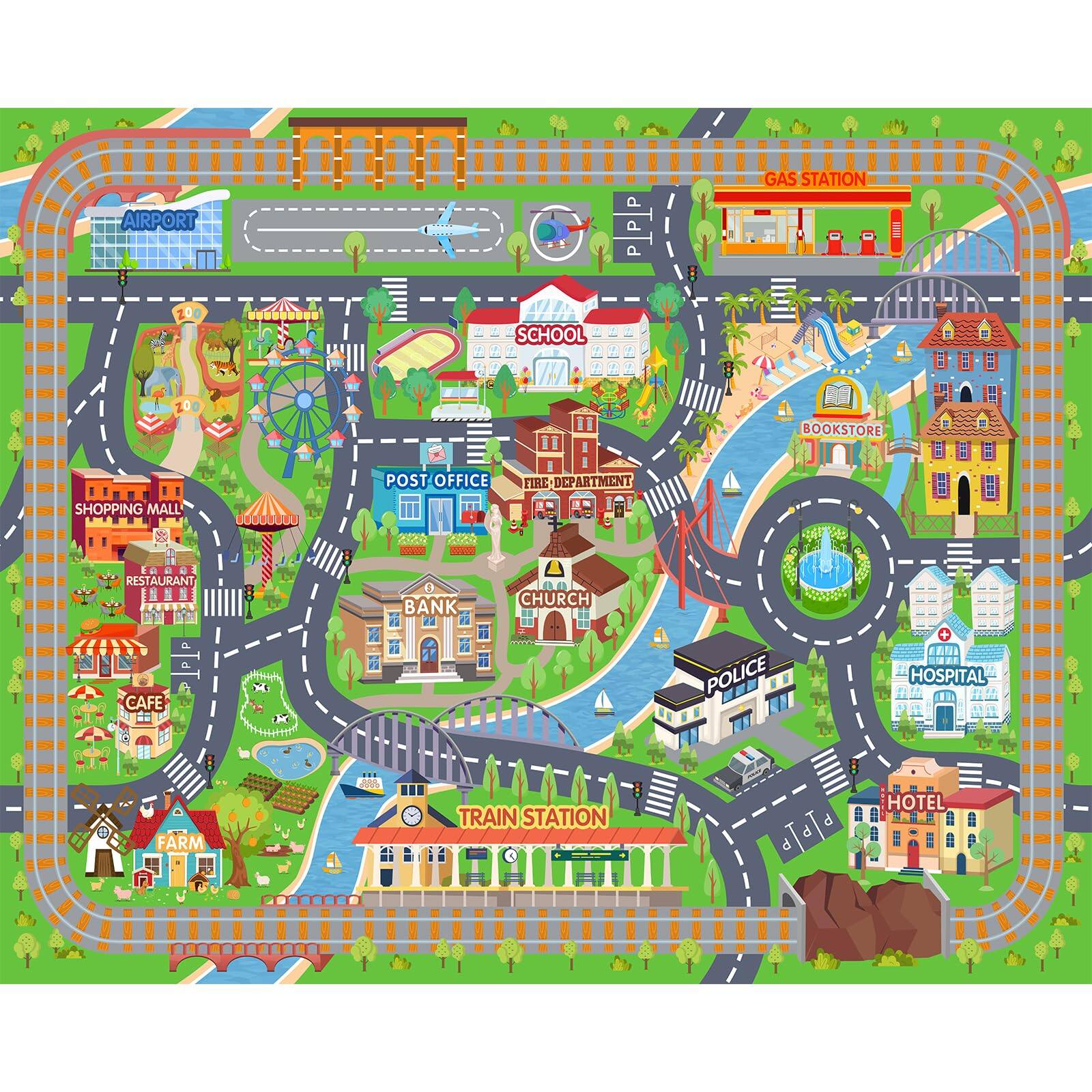 Sure, here is the corrected and grouped text from the image:

- **GAS STATION**
- **AIRPORT**
- **SCHOOL**
- **BOOKSTORE**
- **POST OFFICE**
- **FIRE DEPARTMENT**
- **SHOPPING MALL**
- **RESTAURANT**
- **BANK**
- **CHURCH**
- **CAFE**
- **POLICE**
- **HOSPITAL**
- **FARM**
- **TRAIN STATION**
- **HOTEL**