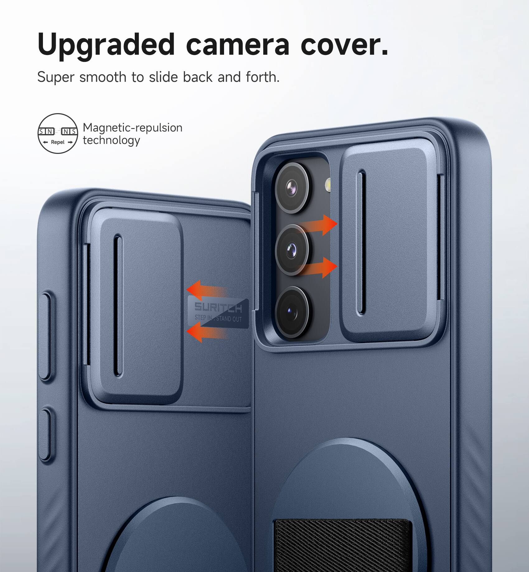 Upgraded camera cover. Super smooth to slide back and forth. Magnetic-repulsion - Repel technology. SURITEH STEP IN - STAND OUT