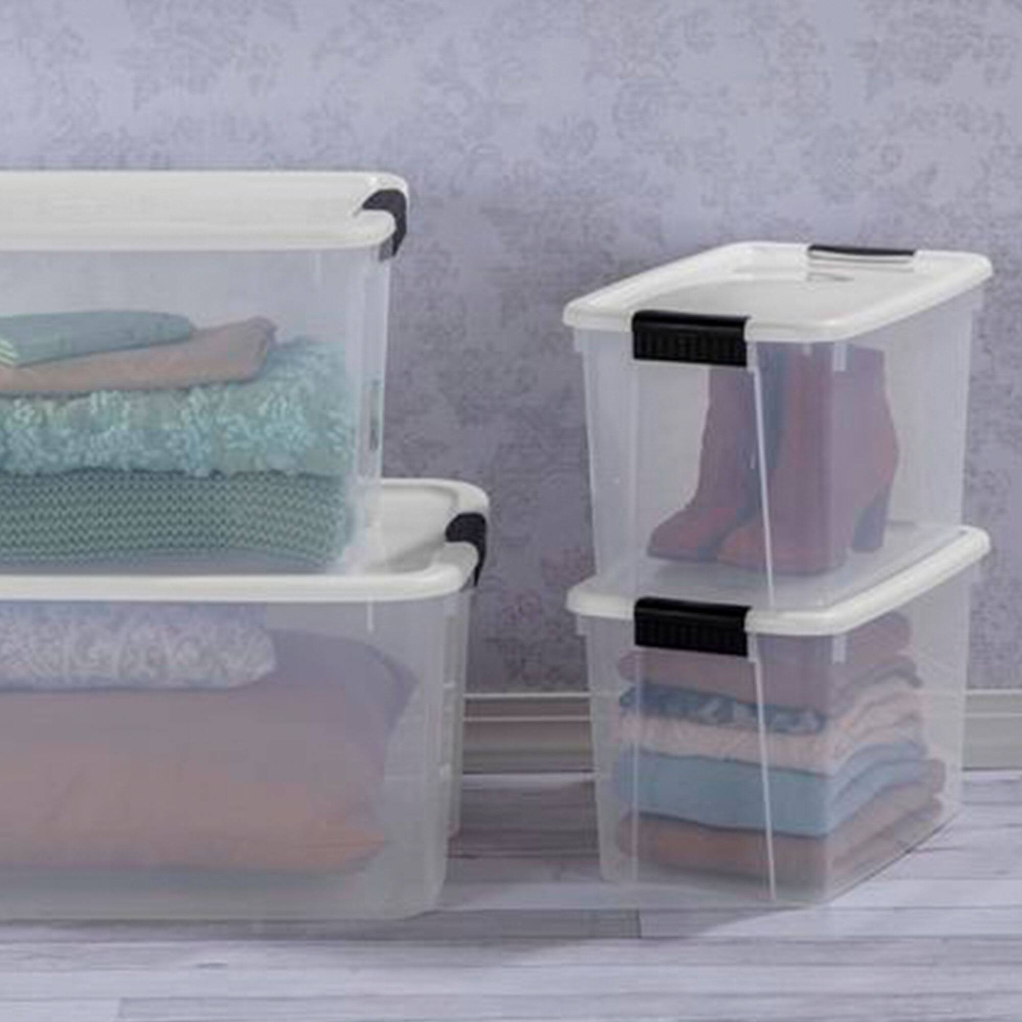 Alt View 4. Sterilite - Sterilite 30 Qt Clear Plastic Stackable Storage Bin w/ Latch Lid, White (6 Pack).