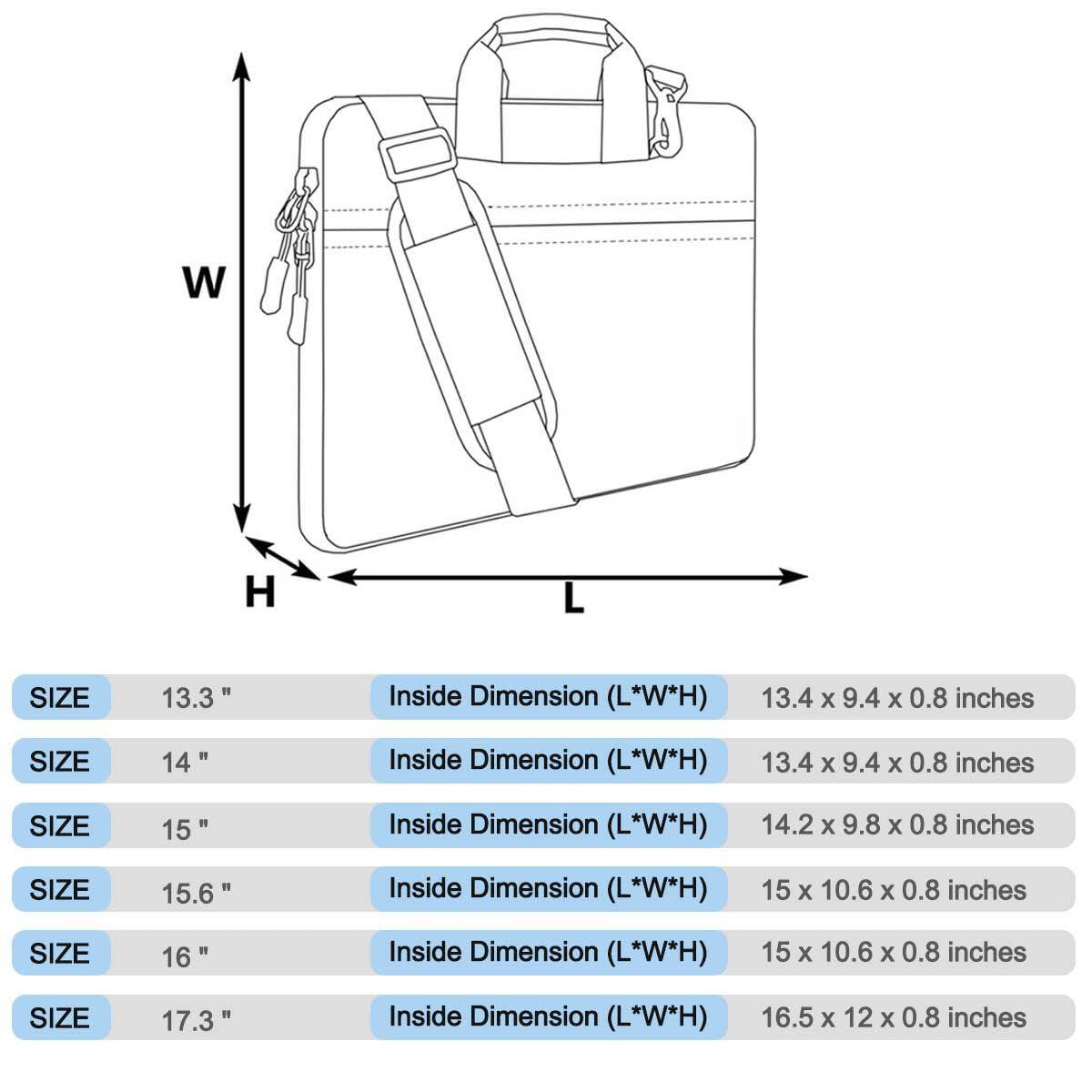 Sure, here is the corrected and grouped text:

---

**SIZE 13.3"**  
Inside Dimension (L*W*H) 13.4 x 9.4 x 0.8 inches

**SIZE 14"**  
Inside Dimension (L*W*H) 13.4 x 9.4 x 0.8 inches

**SIZE 15"**  
Inside Dimension (L*W*H) 14.2 x 9.8 x 0.8 inches

**SIZE 15.6"**  
Inside Dimension (L*W*H) 15 x 10.6 x 0.8 inches

**SIZE 16"**  
Inside Dimension (L*W*H) 15 x 10.6 x 0.8 inches

**SIZE 17.3"**  
Inside Dimension (L*W*H) 16.5 x 12 x 0.8 inches

---