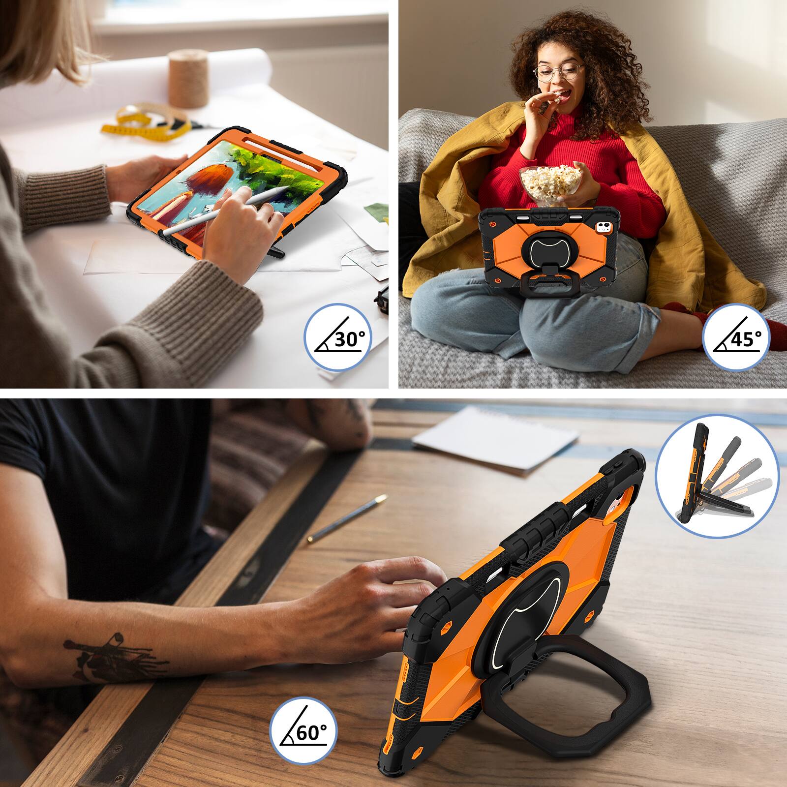Alt View 2. Dteck - Case for Apple iPad Pro 13-inch (M5) 2025/(M4) 2024 , 3-Layer Rugged Kickstand Handle Grip Cover+Strap - Black Orange.