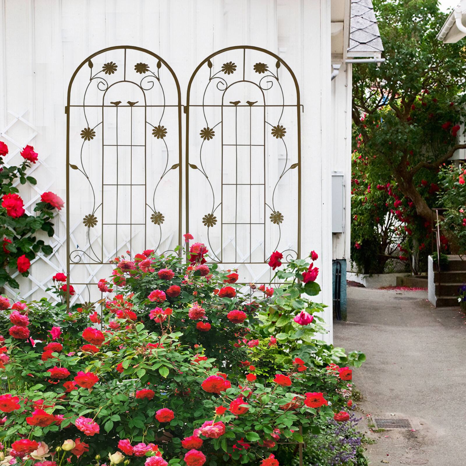 Alt View 2. Loheer - 2 Pack Rustproof Metal Garden Trellis 7.2 ft x 1.6 ft for Climbing Plants Outdoor - Brown.