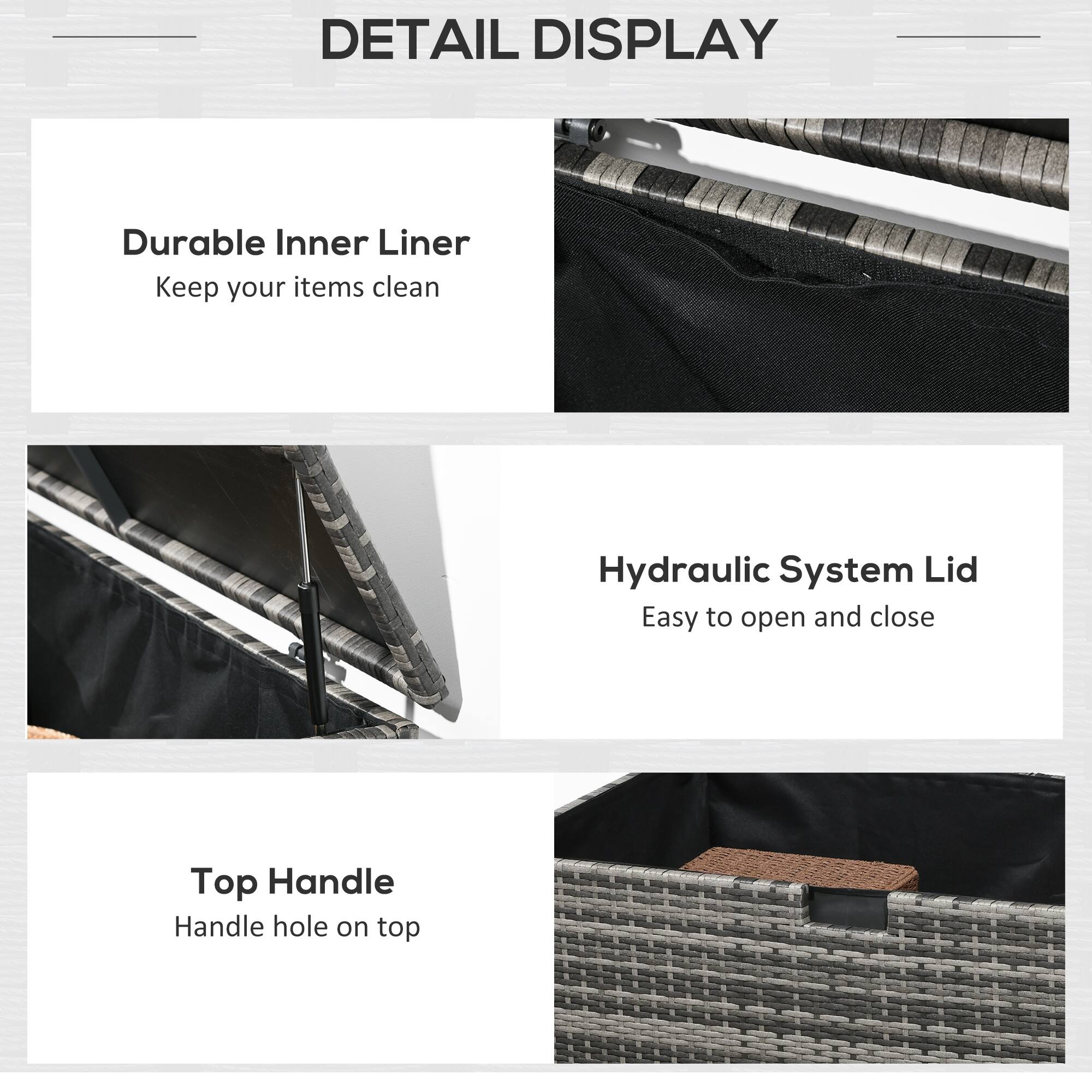 DETAIL DISPLAY
Durable Inner Liner Keep your items clean
Hydraulic System Lid Easy to open and close
Top Handle Handle hole on top