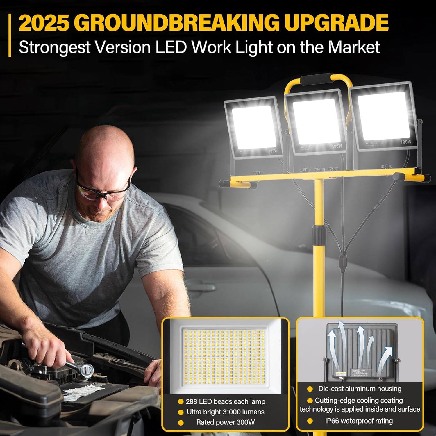 2025 GROUNDBREAKING UPGRADE  
Strongest Version LED Work Light on the Market  

- 288 LED beads each lamp  
- Ultra bright 31000 lumens  
- Rated power 300W  
- Die-cast aluminum housing  
- Cutting-edge cooling coating technology is applied inside and surface  
- IP66 waterproof rating