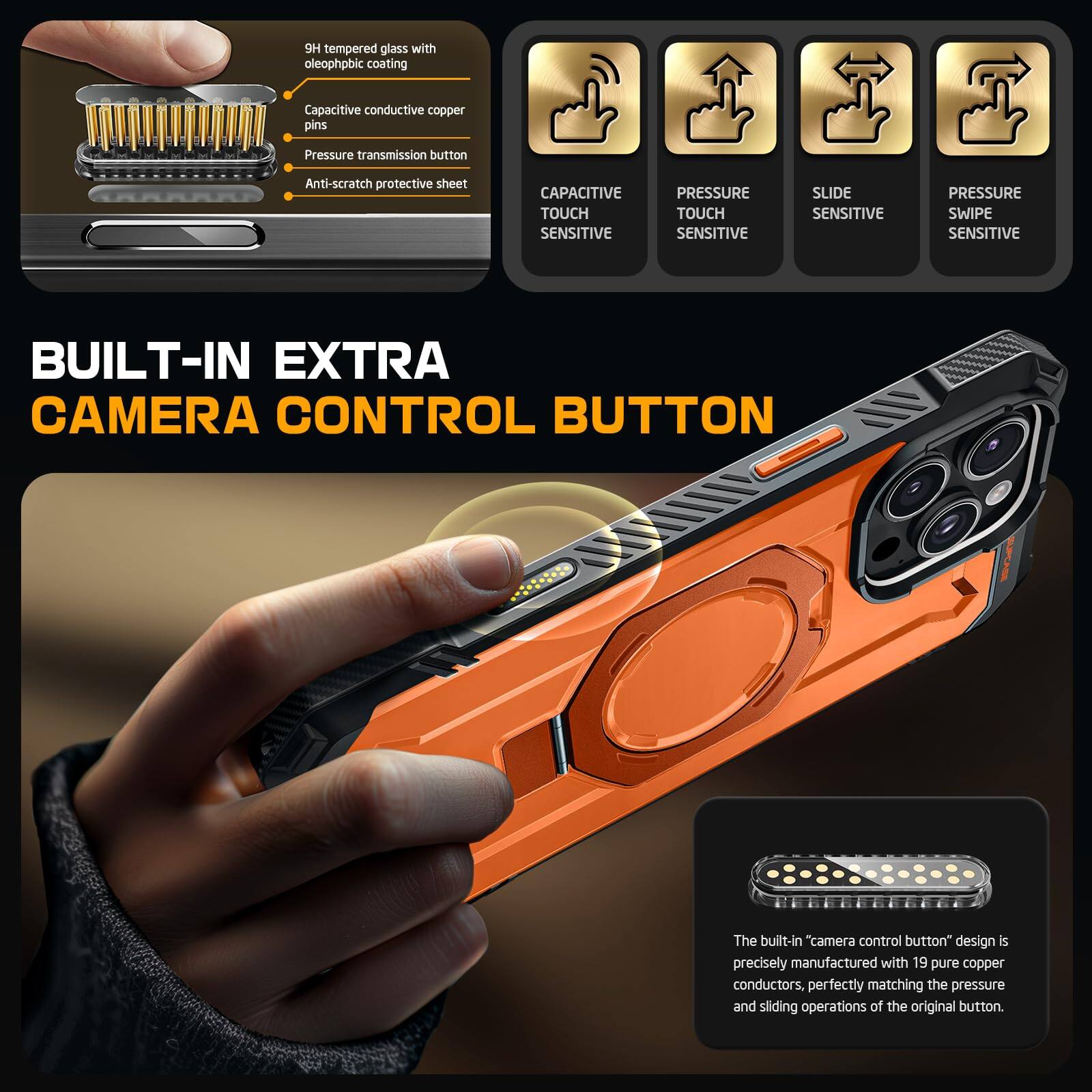 9H tempered glass with oleophobic coating  
Capacitive conductive copper pins  
Pressure transmission button  
Anti-scratch protective sheet  

CAPACITIVE TOUCH SENSITIVE  
PRESSURE TOUCH SENSITIVE  
SLIDE SENSITIVE  
PRESSURE SWIPE SENSITIVE  

BUILT-IN EXTRA CAMERA CONTROL BUTTON  

The built-in "camera control button" design is precisely manufactured with 19 pure copper conductors, perfectly matching the pressure and sliding operations of the original button.