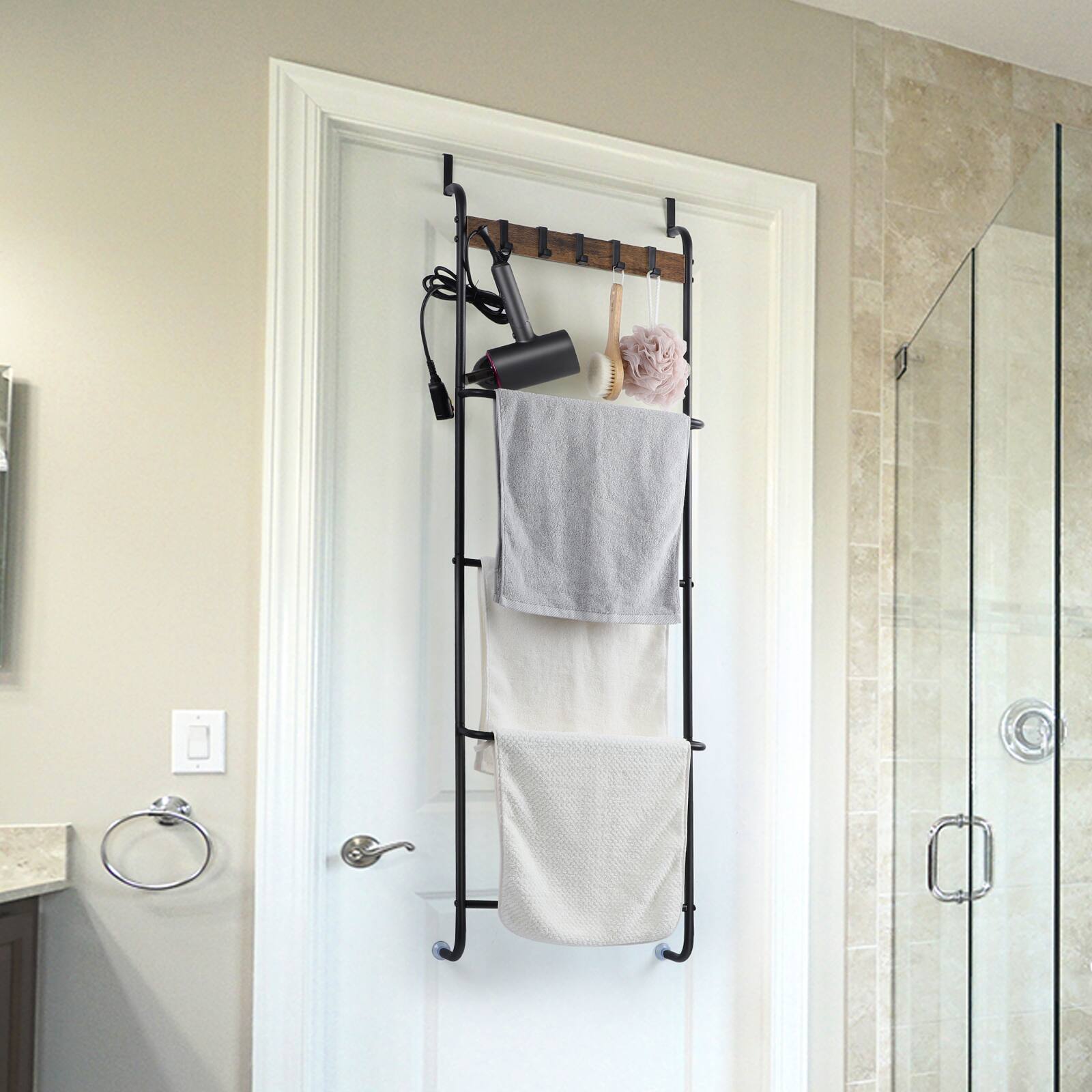 Back. Oumilen - Over-the-Door Towel Rack with 4 Bars and 5 Hooks - Brown.