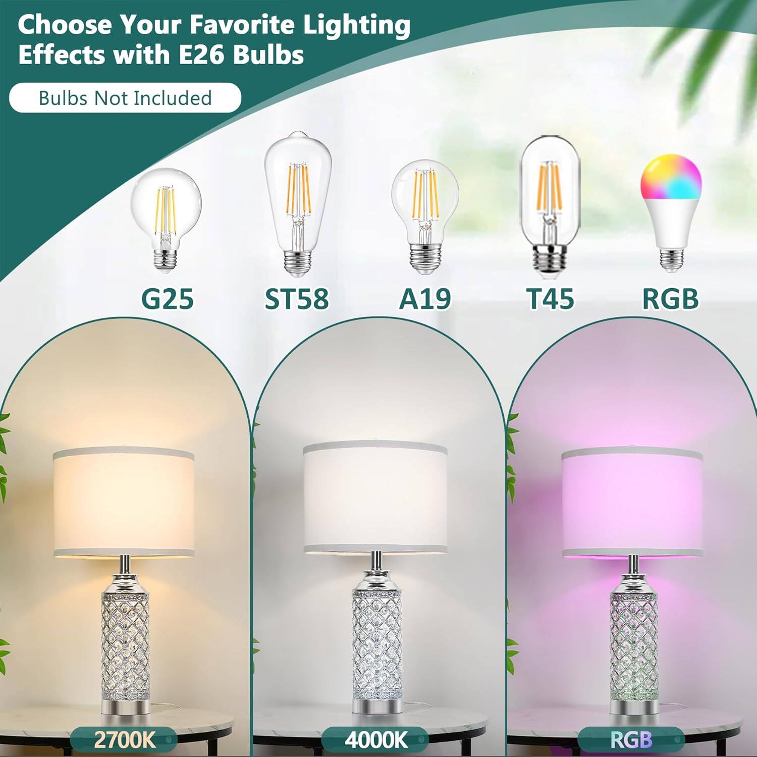 Choose Your Favorite Lighting Effects with E26 Bulbs  
Bulbs Not Included  

G25  
ST58  
A19  
T45  
RGB  

2700K  
4000K  
RGB