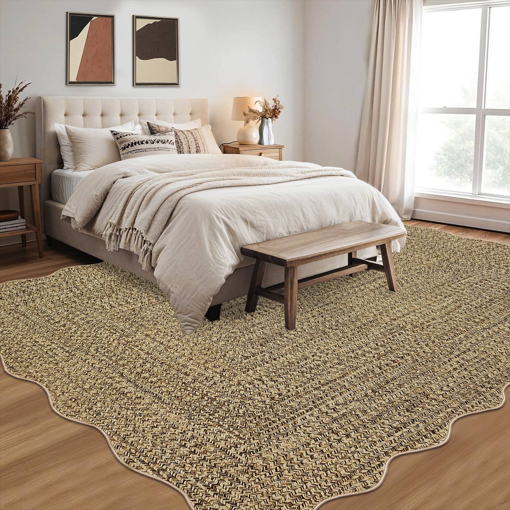 Back. Jojoka - Braided Print Area Rug with Scalloped Edge Washable Non Slip NonShedding Low Pile Floor Carpet for Living Room Bedroom - Beige Yellow.