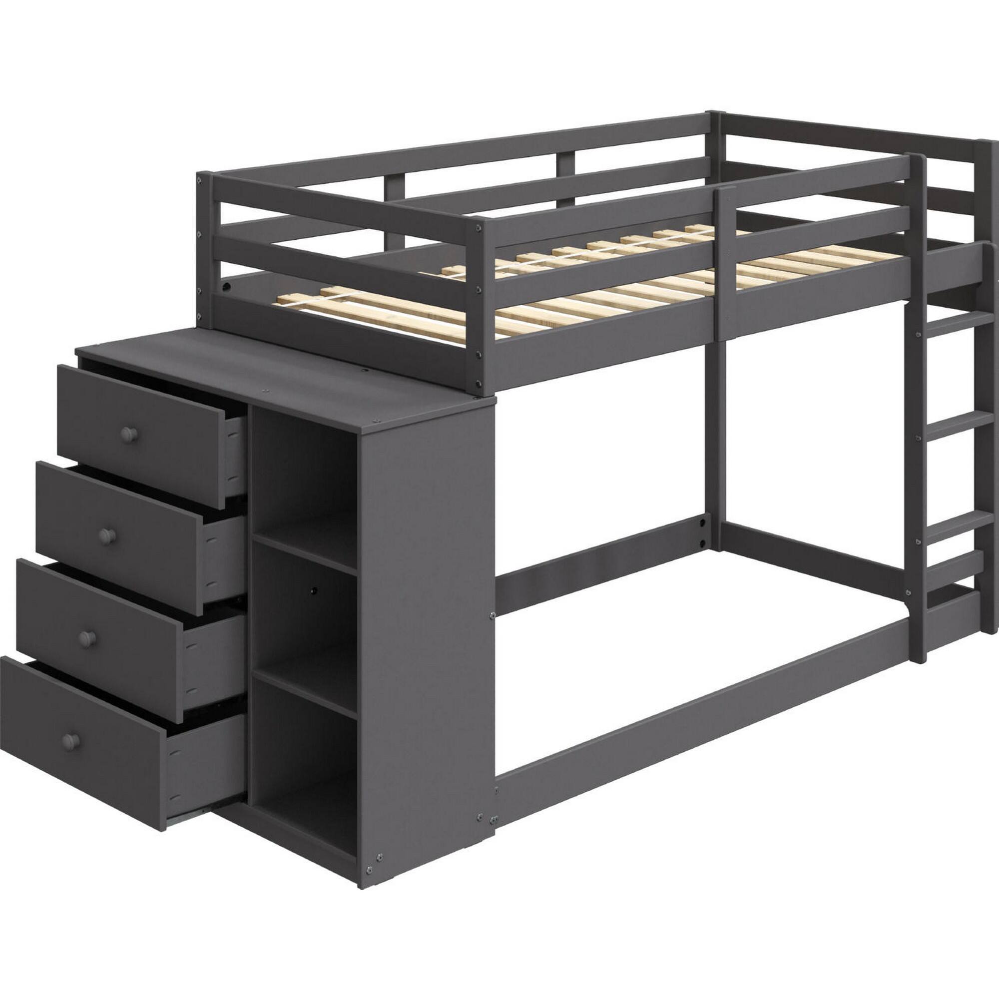 Alt View 1. Manhattan Lane - Classic Twin Bunk Bed with Cabinet, 4 Drawers, 3 Compartments, Ladder, Gray - Gray.