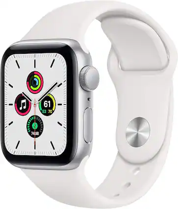 Front. Apple - Apple Watch SE (GPS, 40mm) - Silver Aluminum Case with White Sport Band - Silver Aluminum.