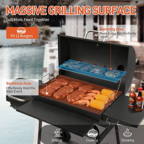 MASSIVE GRILLING SURFACE  
Grill More. Feast Together  
Fit 12 Burgers  

Warming Area  
Keep Every Bite Perfectly Warm  

Barbecue Area  
Effortlessly Host the Main Event  

Grilling  
Cooking  
Smoking