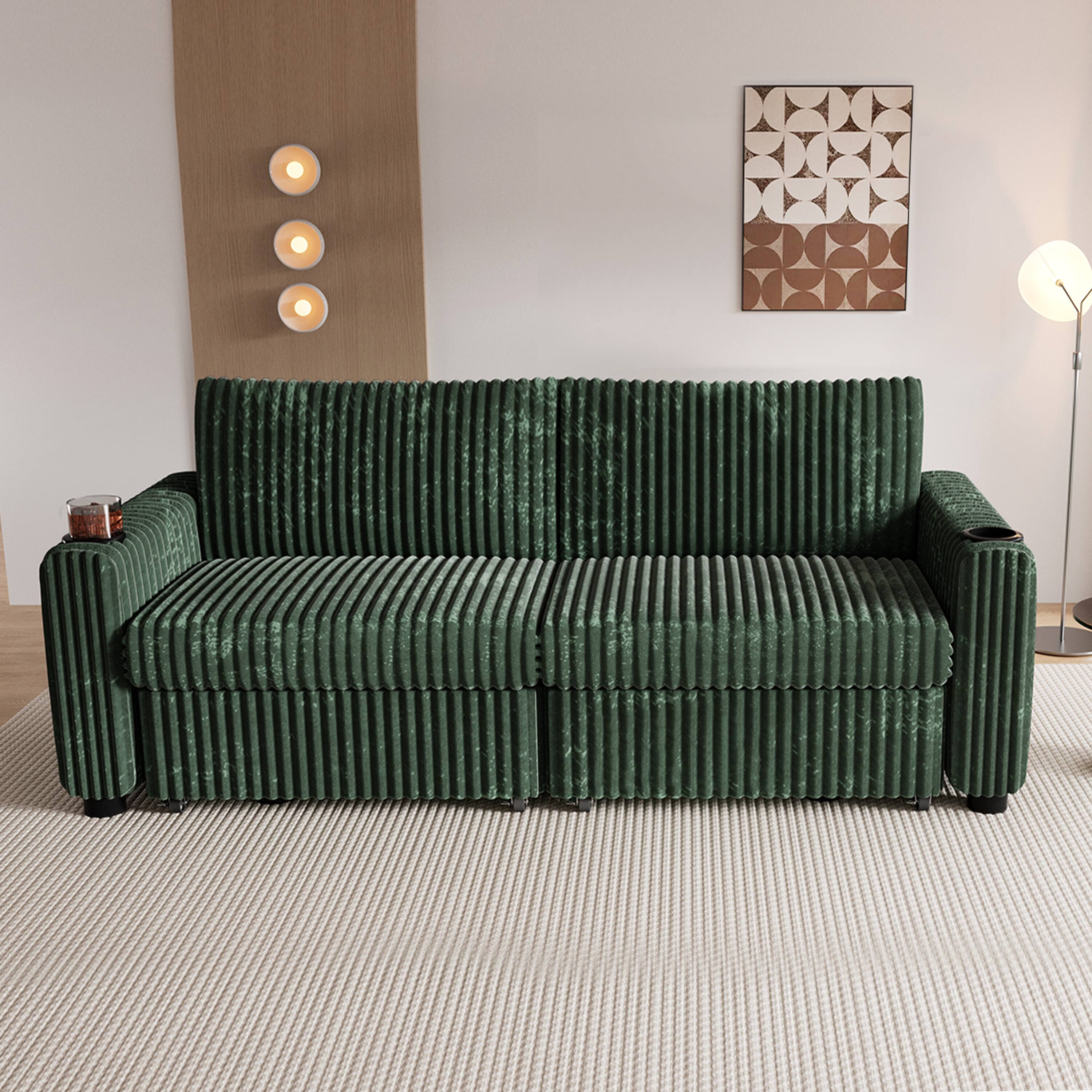 Back. Dyonery - Dyonery 91"Sleeper Sofa, Pull-out bed  with reclining backrest, USB ports, cup holders. Tool-free assembly, Green - Green.