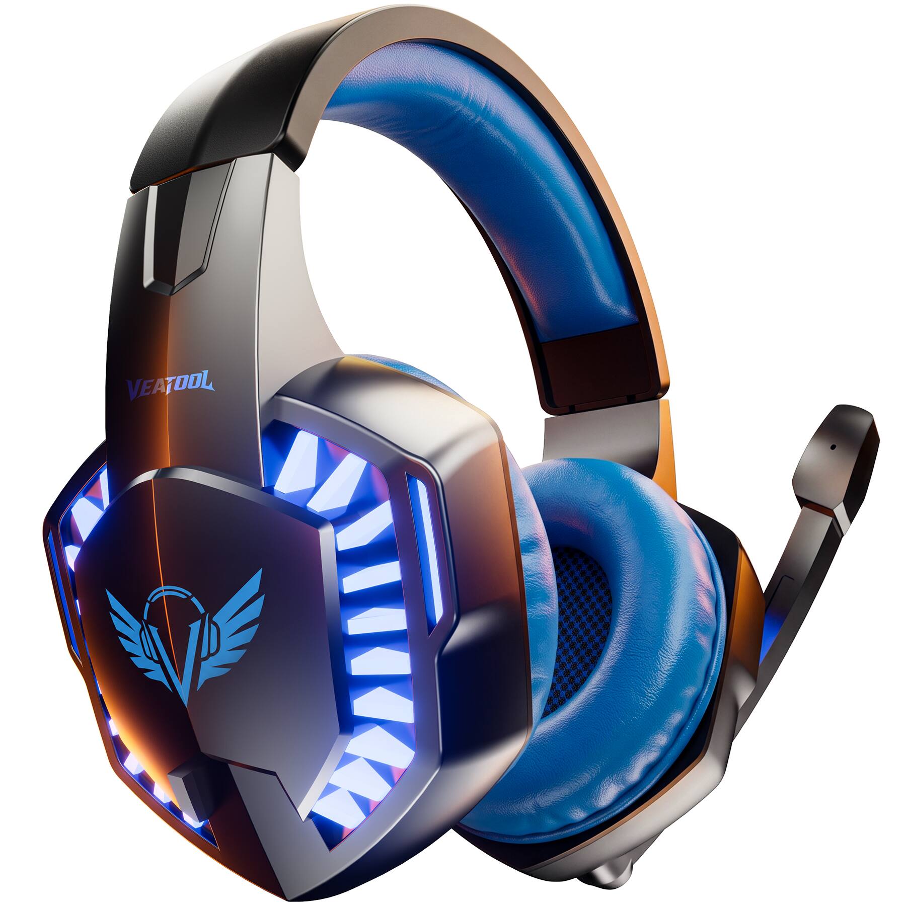 Front. VEAT00L - Gaming Headset with Microphone, Compatible with PS4 PS5 Xbox One PC Laptop, Over-Ear Headphones with LED Light.