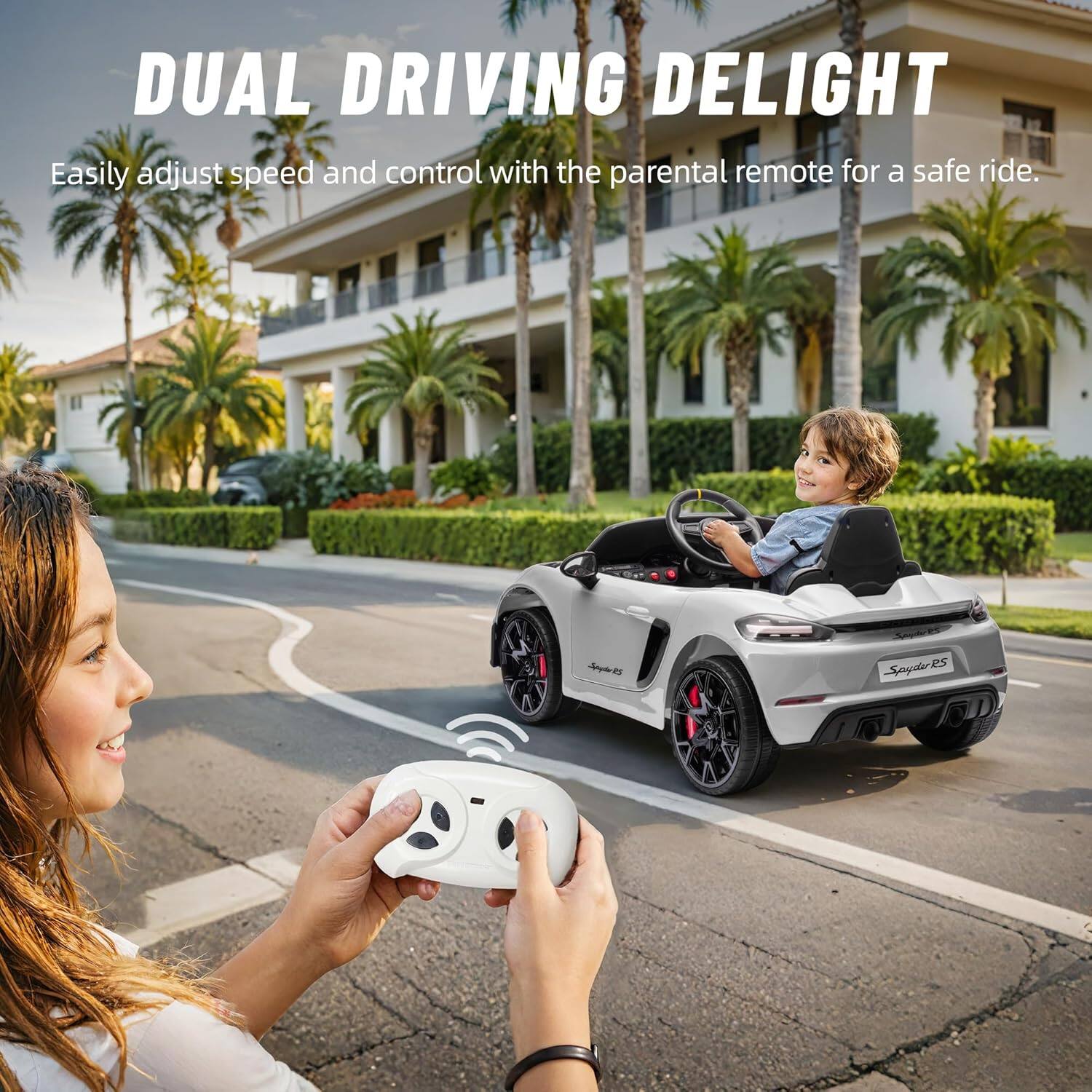 DUAL DRIVING DELIGHT  
Easily adjust speed and control with the parental remote for a safe ride.
