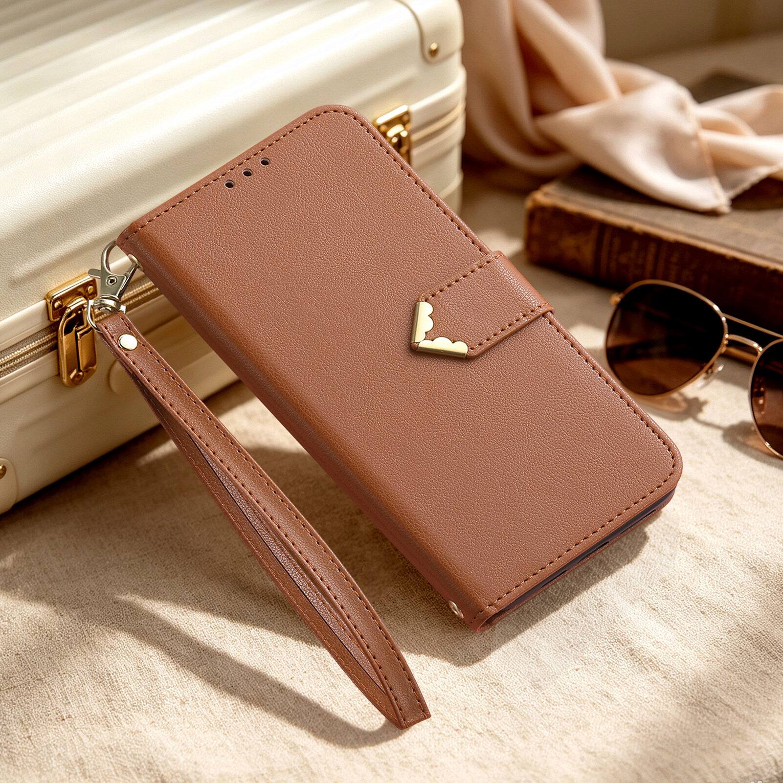 Back. Dteck - Leather Wallet Case for Google Pixel 11 Pro XL with Crossbody Strap, Shockproof Card Holder Kickstand Protective Cover - Brown.