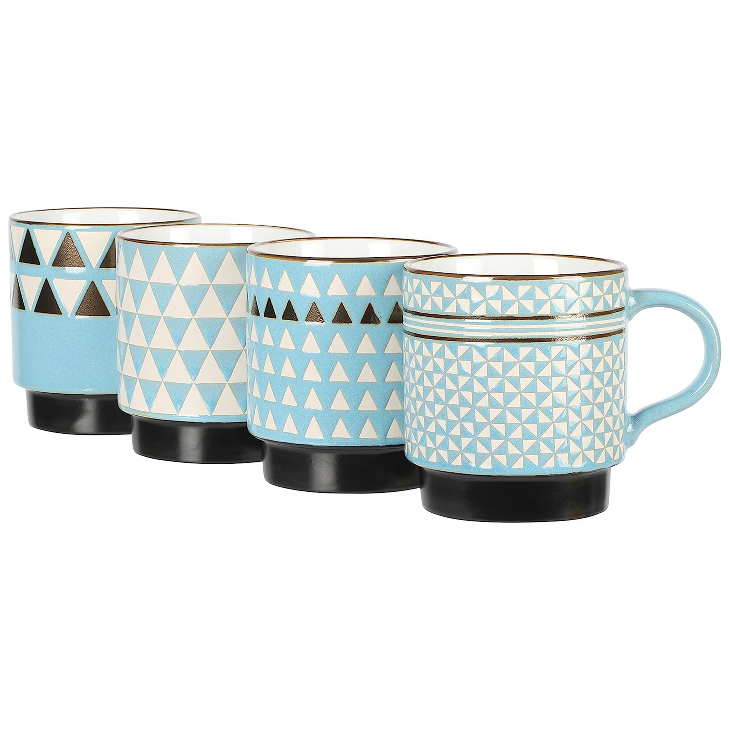 Alt View 1. Mr. Coffee - Mr. Coffee Primevalley 4 Piece 14 Ounce Stackable Assorted Wax Relief Triangle Design Mug Set - Blue.