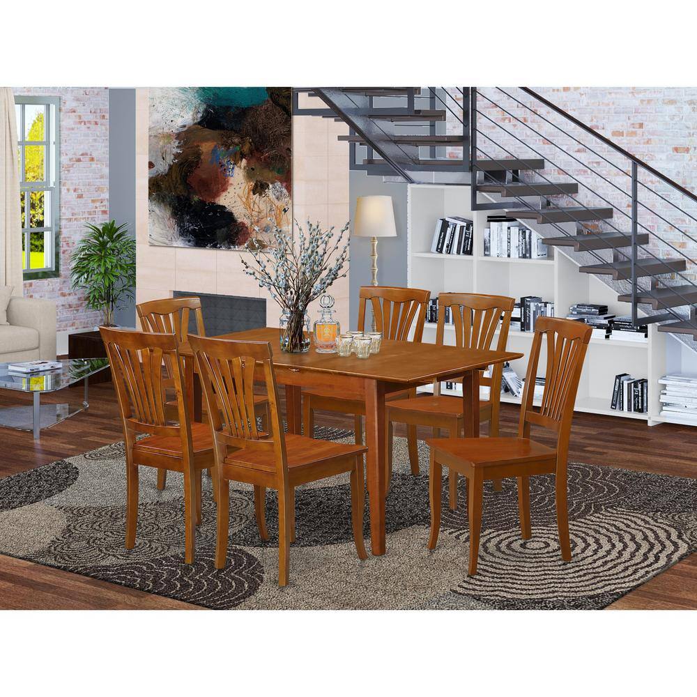 Back. East West Furniture - 7 Pc small Table set - Table with Leaf and 6 Kitchen Chairs - Saddle Brown.