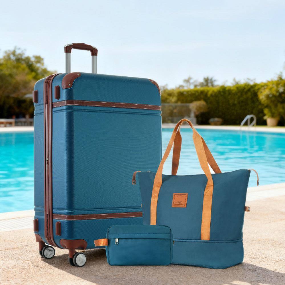 Angle. BreeBe - Hardshell Luggage Set with Bags, Lightweight 28-Inch Vintage Suitcase with Double Spinner Wheels & TSA Lock - Blue.