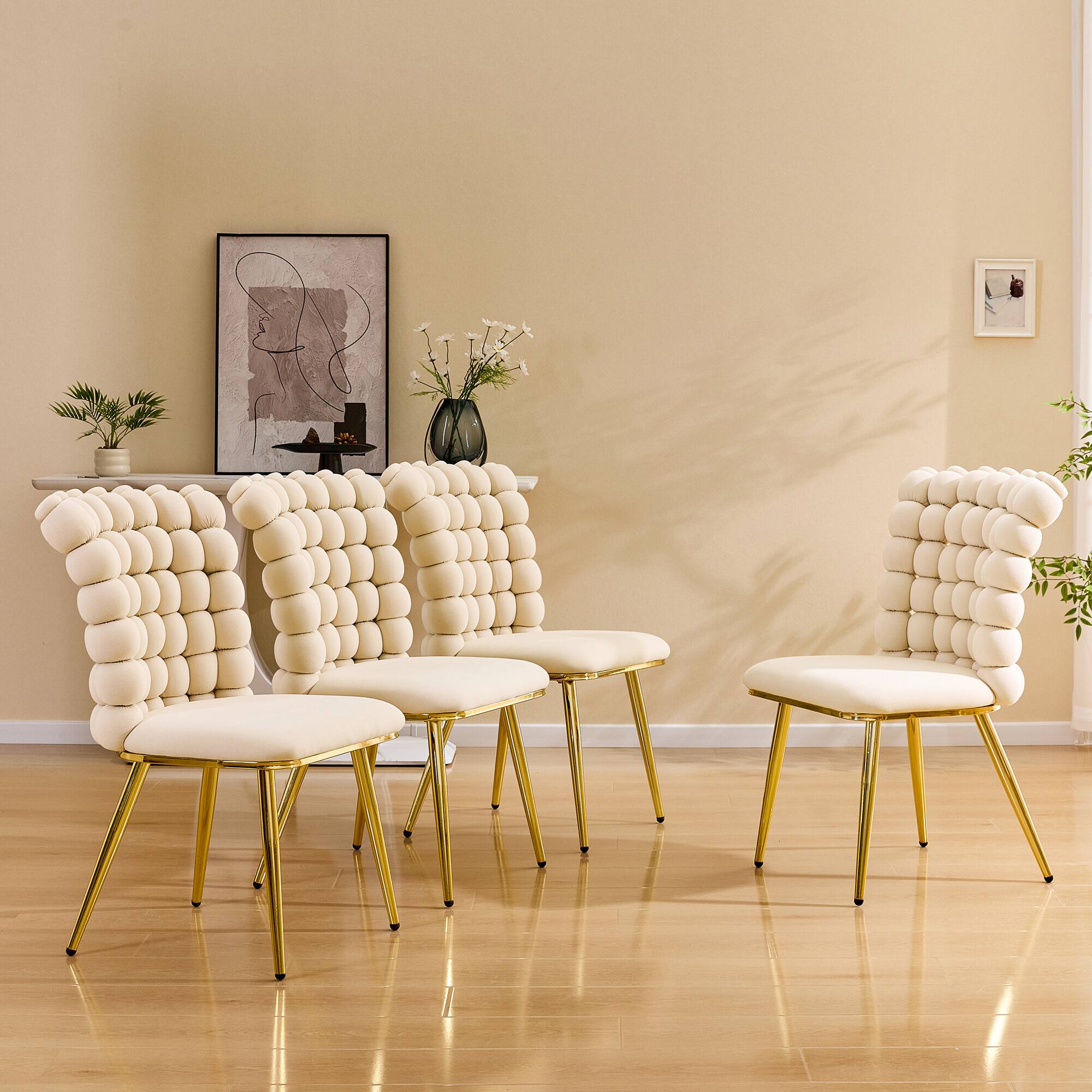 Alt View 3. Loheer - Loheer Cream Dining Chairs 3.0 ft Tufted Velvet Accent Chair with Gold Metal Legs, Bubble Back Side Chair - Beige,Gold.