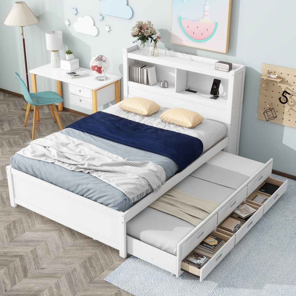 Loheer - Full Size Platform Bed with Trundle, Storage Drawers and USB Ports, Captains Bed with Bookcase Headboard - White price history on PriceWatchPro